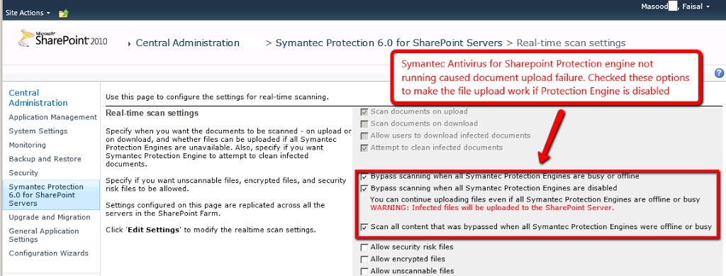 SPDev Symantec Antivirus For SP ProtectionEngine not Running cause upload failure