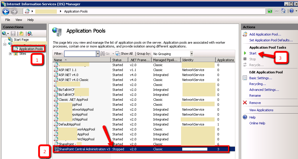 SharePoint Central Administration v3 application pool in IIS Manager