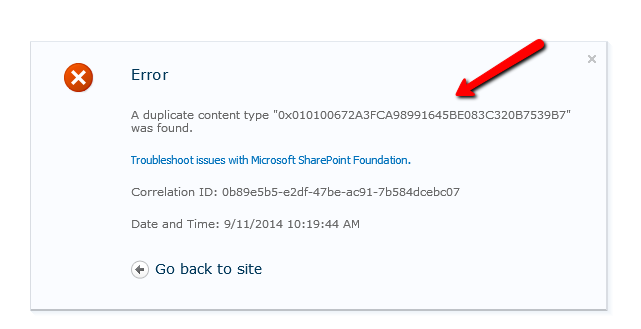 Error when creating or deleting a content type in SharePoint