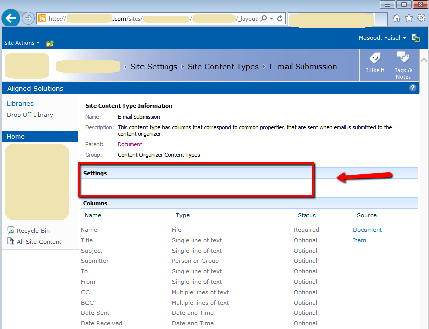 SharePoint Site Content Type - E-mail Submission - Empty Settings area