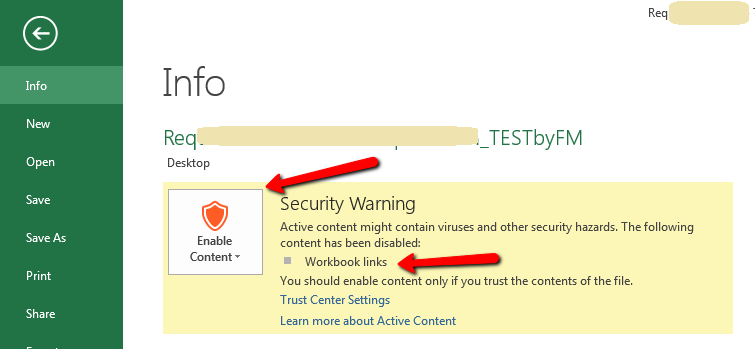 MS Excel Container File that has linked files - File Info Security Warning section