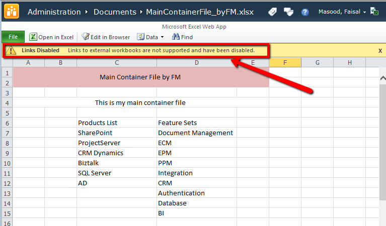 MS Excel Container File Opened in Office Web Apps in SharePoint - Linked file not supported
