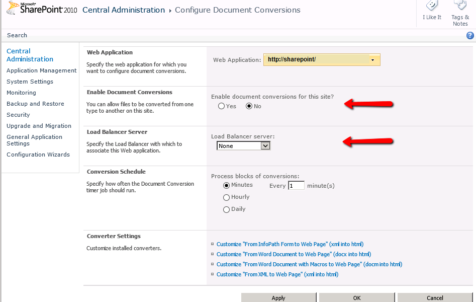 SharePoint - Configure Document Conversions Settings