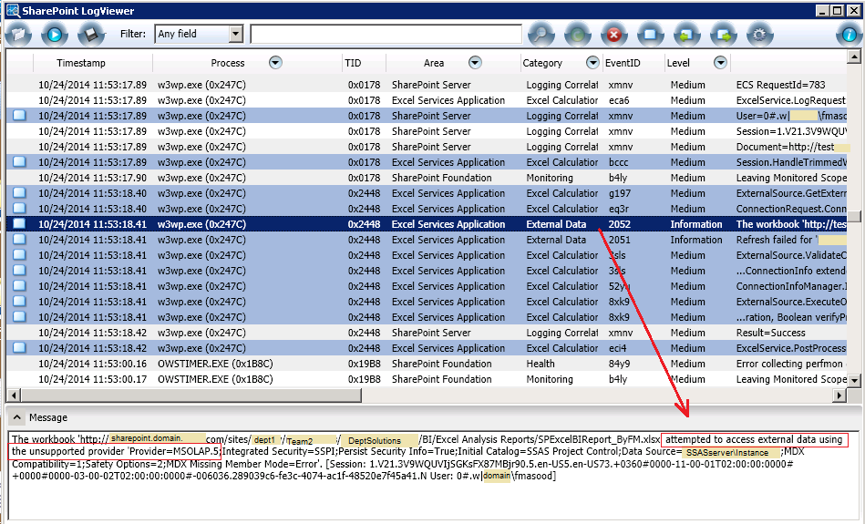 SharePoint LogViewer - Excel Data Refresh error with SSAS Cube - Unsupported Data Provider Used