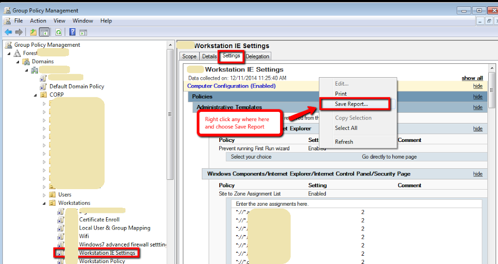Active Directory - Group Policy Management Console - GPO Settings - Save Report