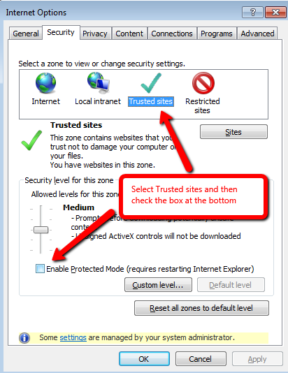 Enable Protected Mode (requires restarting Internet Explorer)' in Internet Explorer for Yammer SharePoint