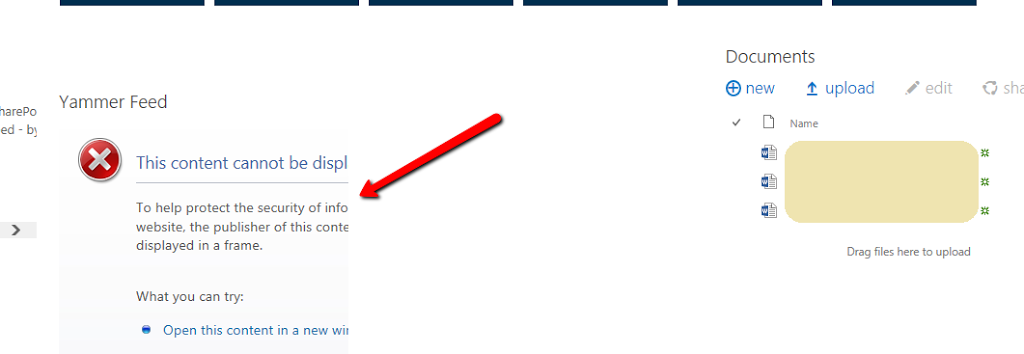Yammer Feed Integration with SharePoint Online can't display contents in frame error
