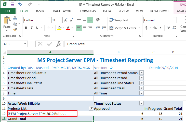 Project Web Access - BI Center Excel Report - EPM Timesheet Report before project renamed