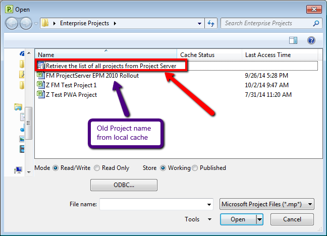 Microsoft Project Professional - File Open Dialog Box showing project from local cache