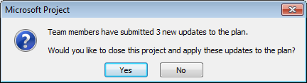 Microsoft Project Professional - Team Members submitted updates message