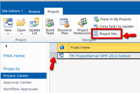 MS Project Web Access (PWA) - Select a Project and go to Project Site