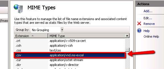 SharePoint Servers - IIS Manager > Updated MIME Types for .CSV Extension