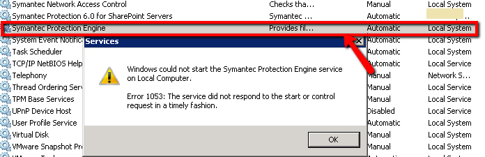 SharePoint Server - Symantec Protection engine service stopped and failed to start with error 1053